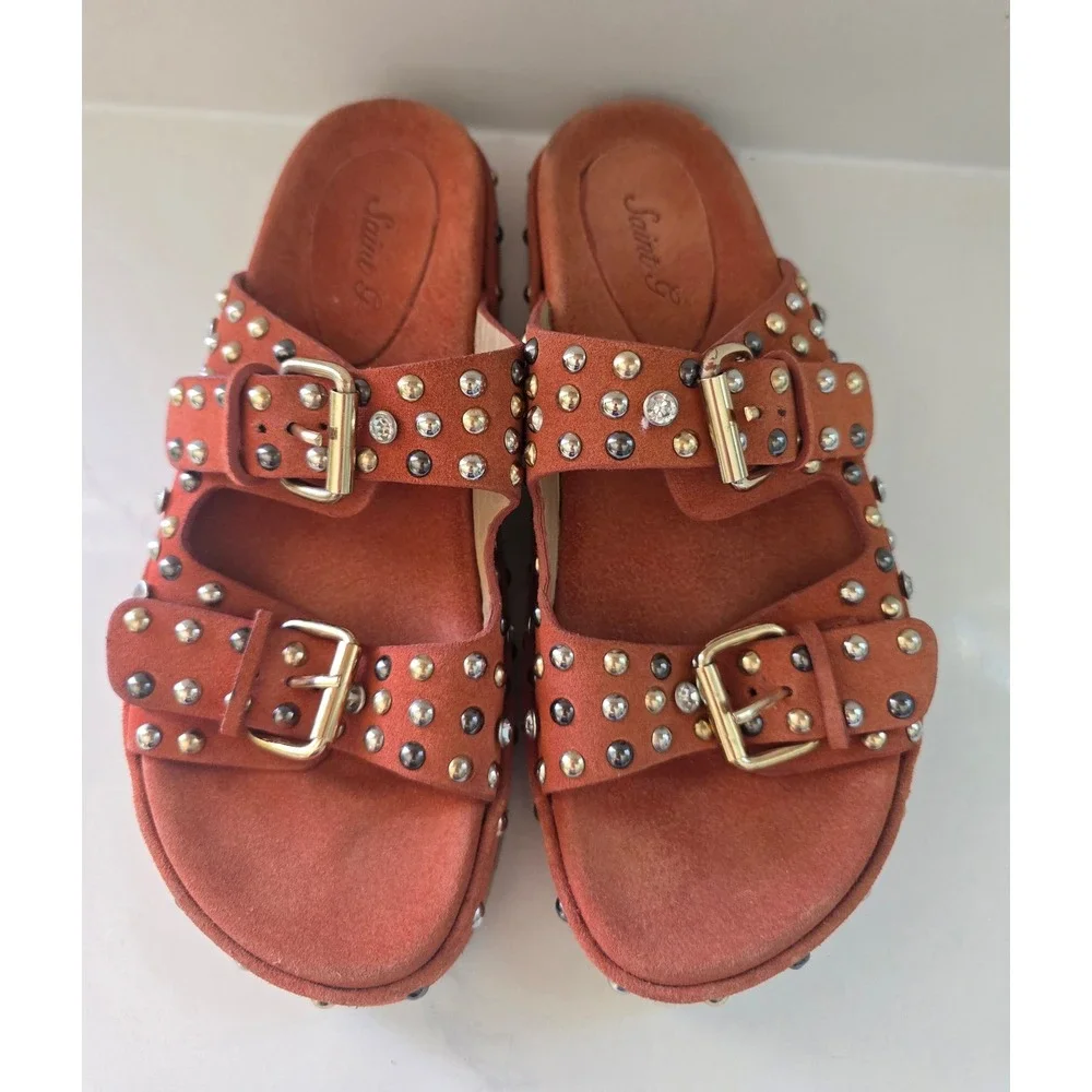 NWOT $215. Saint G Womens Rust Suede Studded Dbl Buckle Slide Sandals Size 6.5/7